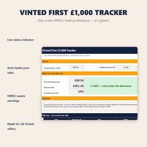 Rastreador de impuestos Vinted en el Reino Unido / Calculadora de desgravación fiscal por ventas de 1000 GBP / HMRC para trabajos secundarios / Hoja de cálculo para revendedores ocasionales / Excel Google Sheets
