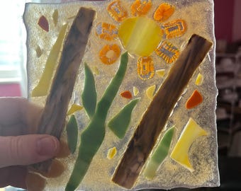 Fused Glass Sunflower Garden Panel, Handmade Glass Window Art
