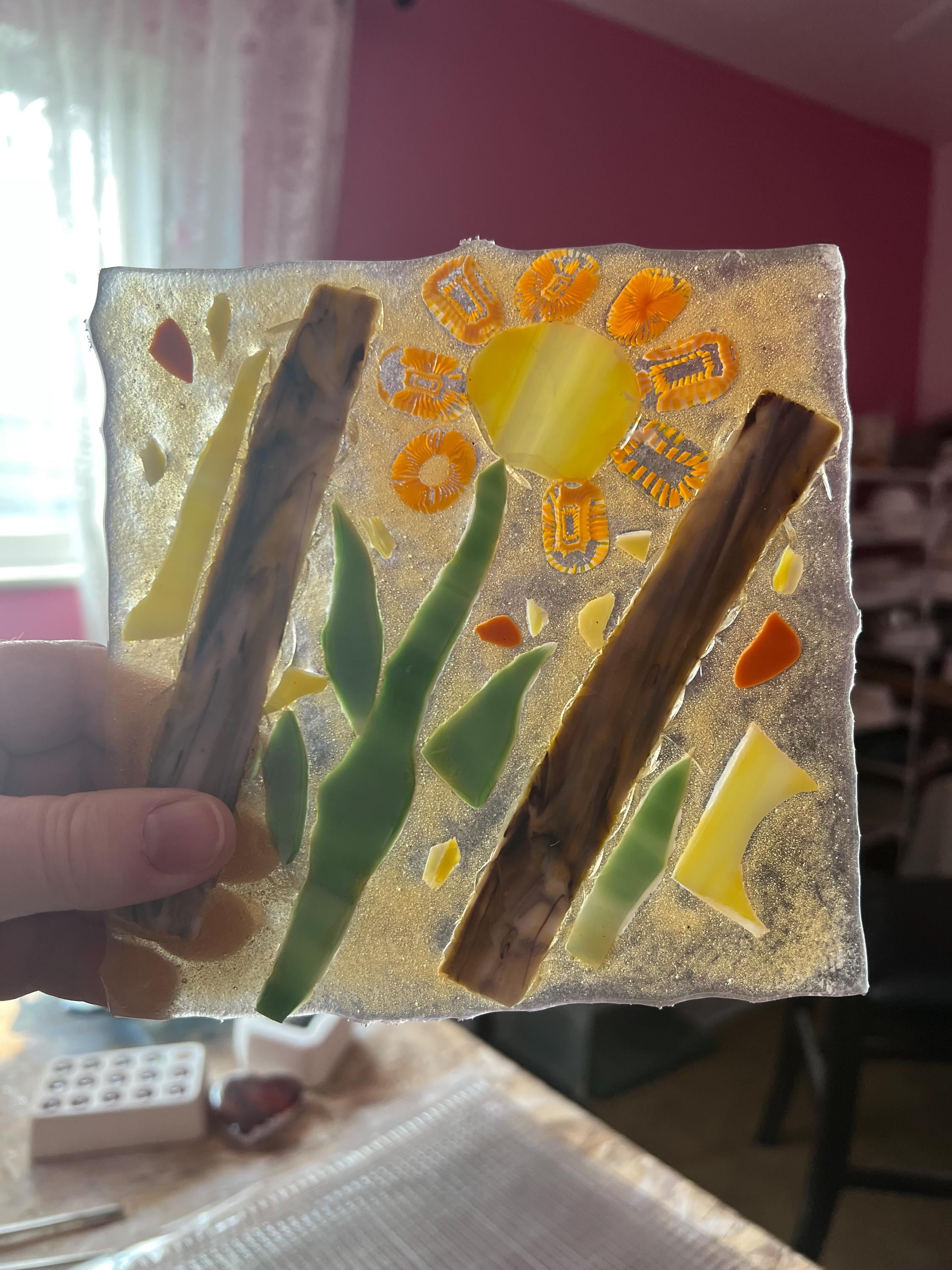 Fused Glass Sunflower Garden Panel, Handmade Glass Window Art