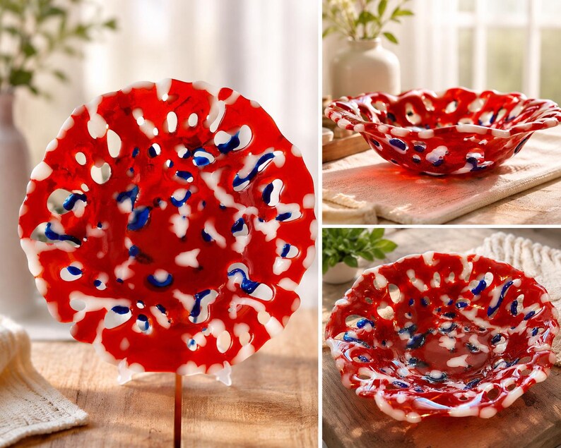 Red Fused Glass Lace Bowl, Handmade Openwork Art Glass Bowl, Decorative Centerpiece Dish, Red White Blue Decor, Unique Housewarming Gift bild 3