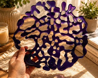 Deep Purple Openwork Glass Bowl, Abstract Fused Art Glass Dish