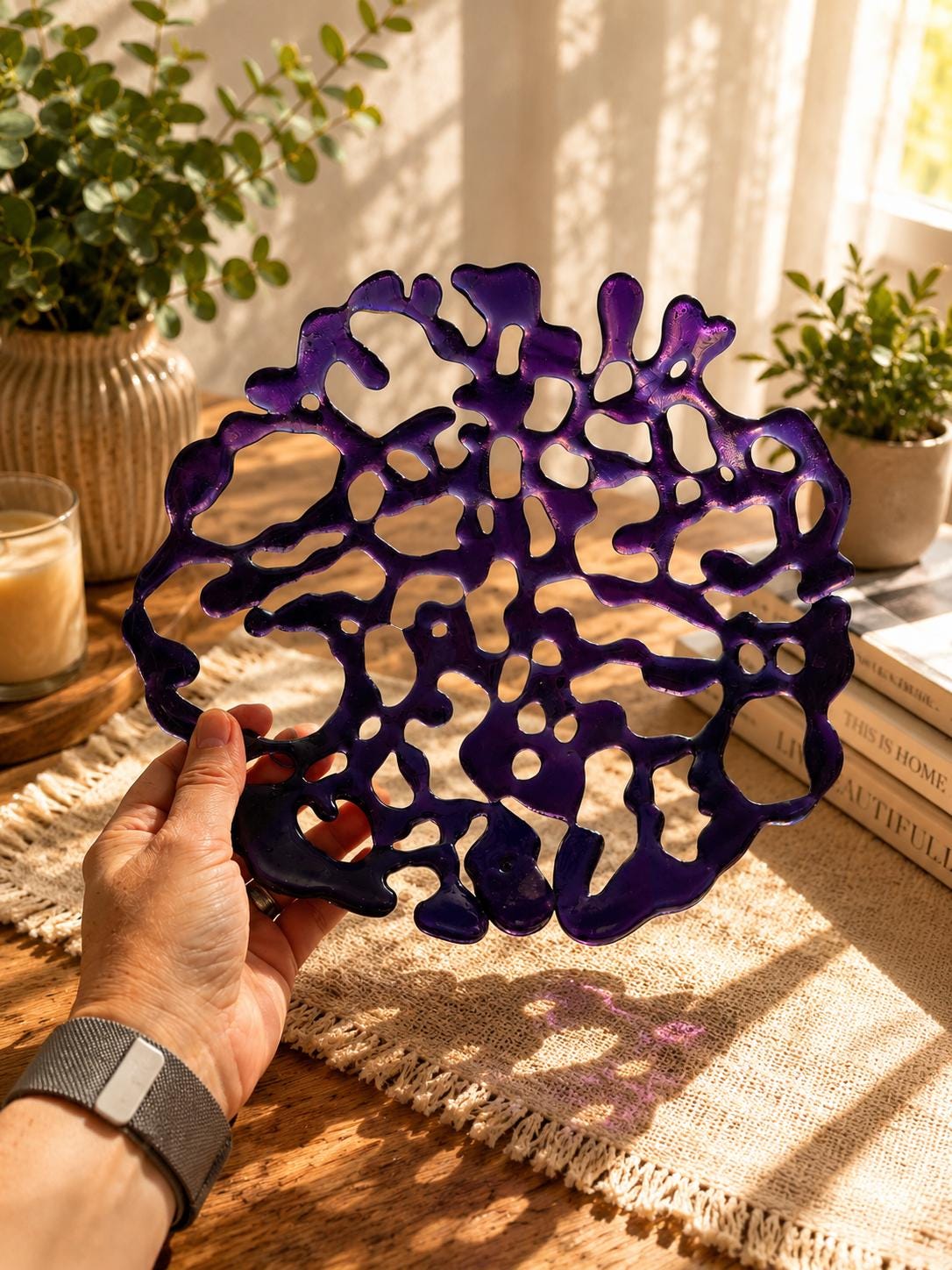 Deep Purple Openwork Glass Bowl, Abstract Fused Art Glass Dish
