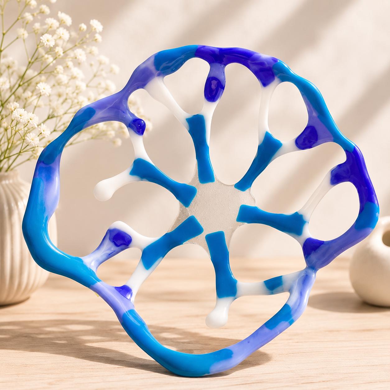 Handmade Blue White Openwork Glass Bowl, Abstract Fused Art Dish