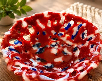 Red Fused Glass Lace Bowl, Handmade Openwork Art Glass Bowl, Decorative Centerpiece Dish, Red White Blue Decor, Unique Housewarming Gift