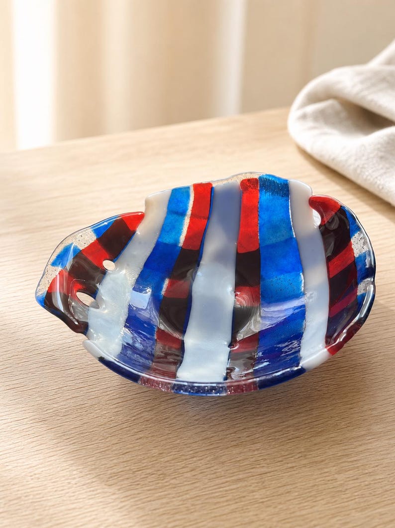 Red, White & Blue Striped Fused Glass Bowl, Handmade Art Glass Dish image 2