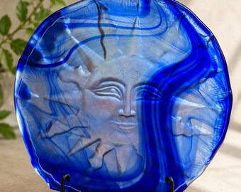 Cobalt Blue Sun Face Fused Glass Dish, Celestial Handmade Art Glass Bowl