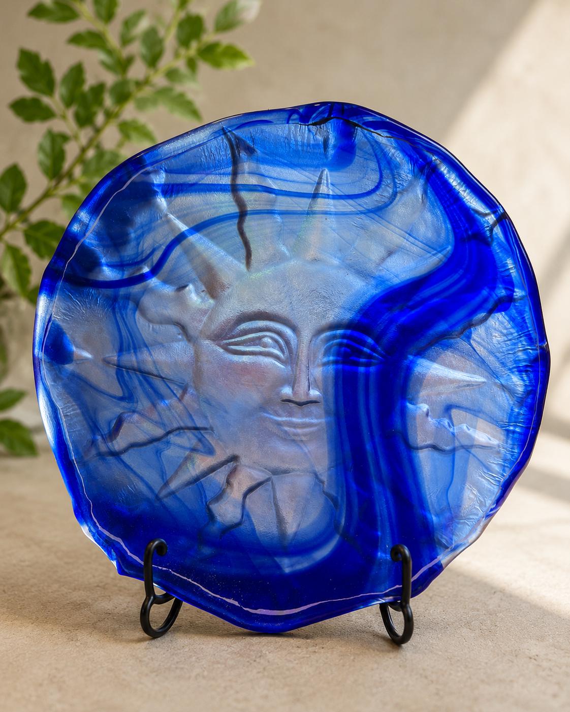 Cobalt Blue Sun Face Fused Glass Dish, Celestial Handmade Art Glass Bowl
