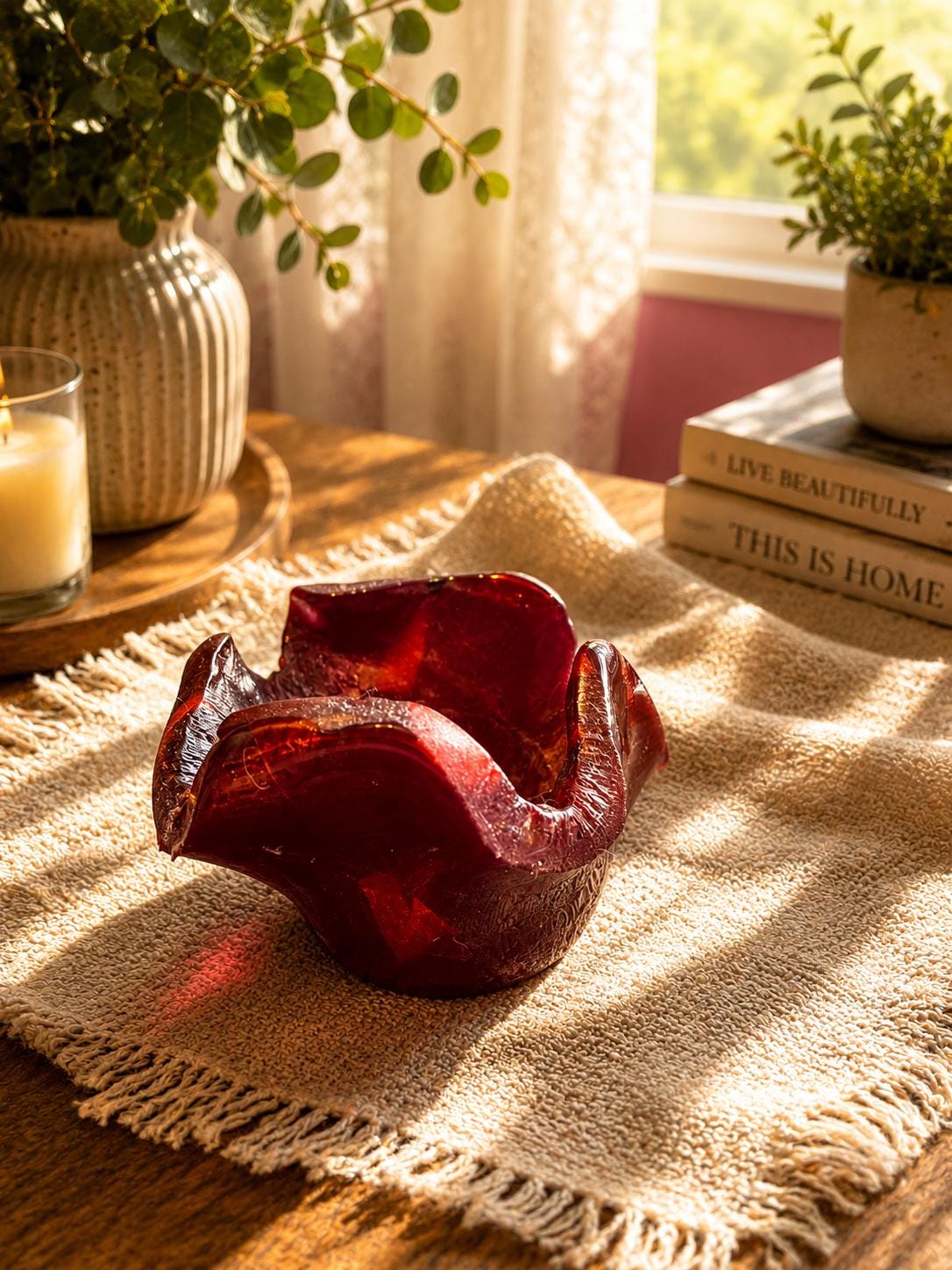Ruby Red Sculptural Fused Glass Bowl, Handmade Art Glass Trinket Dish