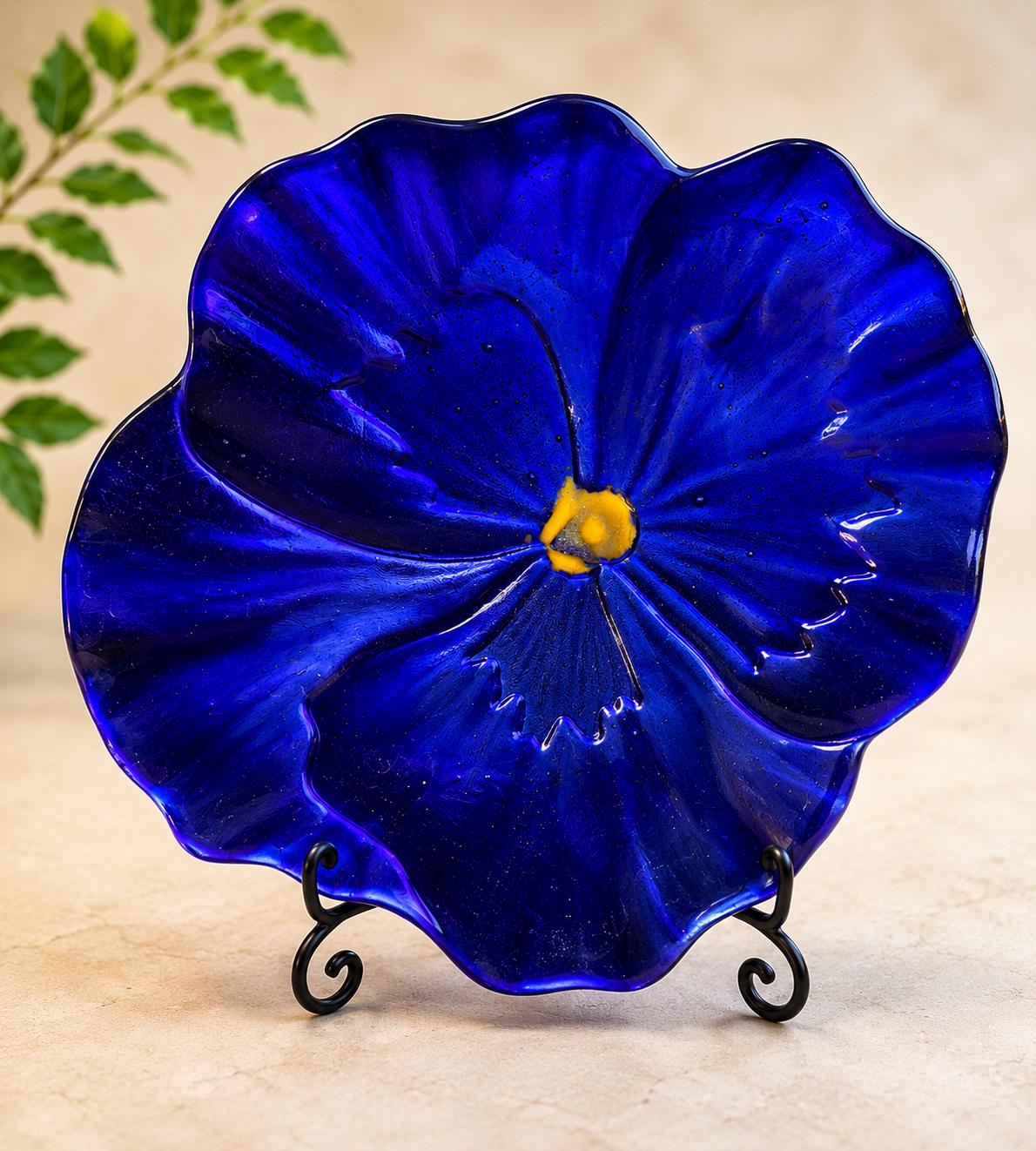 Handmade Fused Glass Flower Dish, Purple Blue Floral Art Bowl