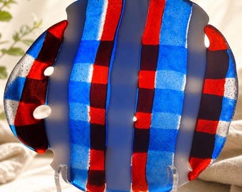 Bol de vidrio fusionado a rayas rojas, blancas y azules, plato de vidrio artístico hecho a mano