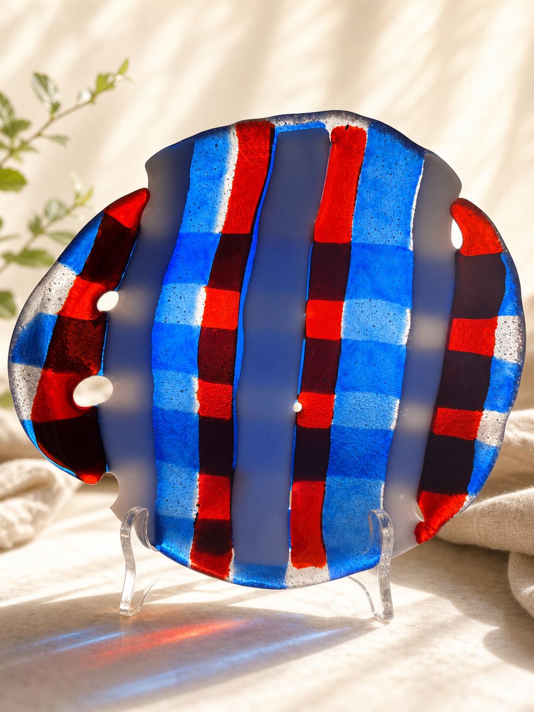 Red, White & Blue Striped Fused Glass Bowl, Handmade Art Glass Dish