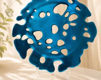 Teal Openwork Fused Glass Bowl, Handmade Sculptural Art Glass Dish