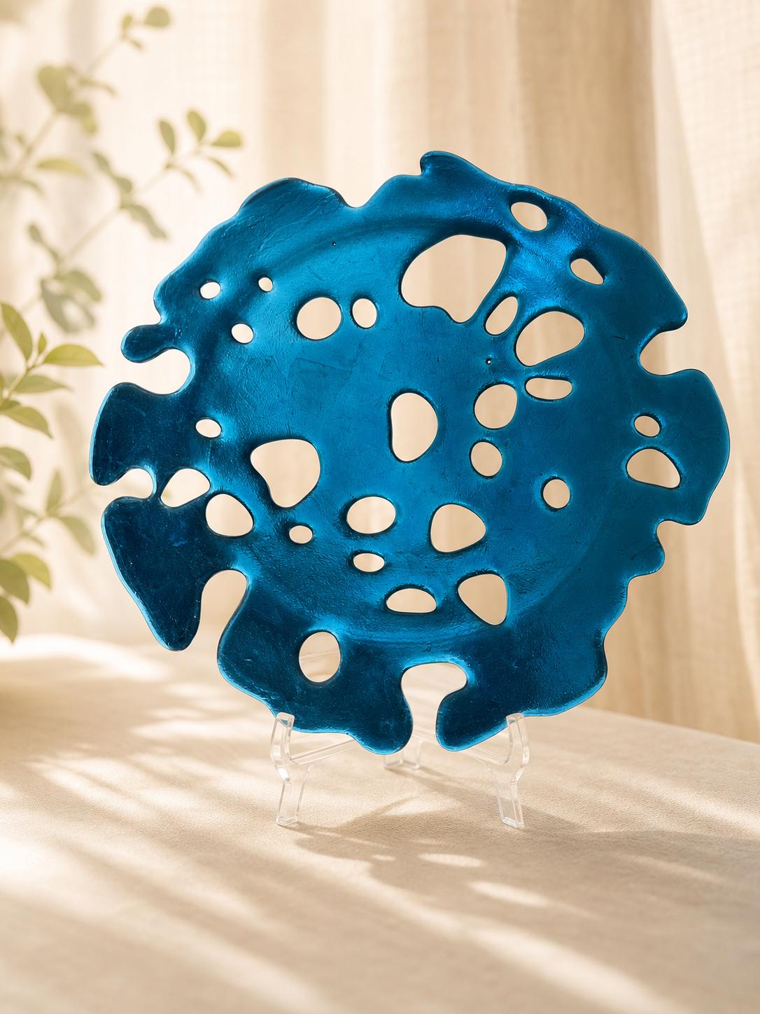 Teal Openwork Fused Glass Bowl, Handmade Sculptural Art Glass Dish