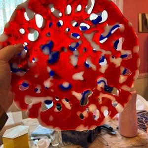 Red White & Cobalt Openwork Fused Glass Bowl, Handmade Art Glass Dish bild 1