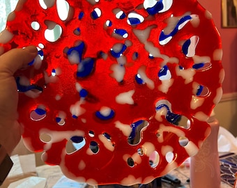 Red White & Cobalt Openwork Fused Glass Bowl, Handmade Art Glass Dish