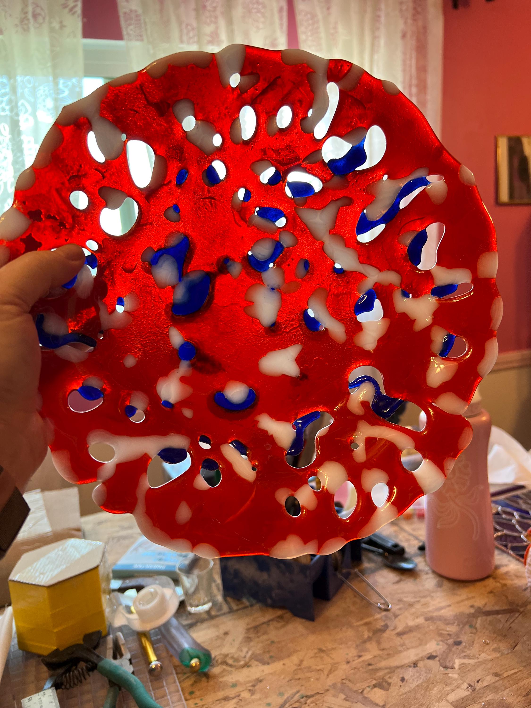 Red White & Cobalt Openwork Fused Glass Bowl, Handmade Art Glass Dish