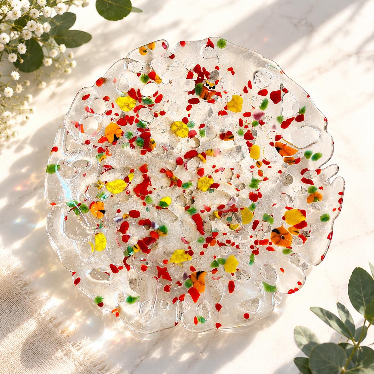 Handmade Fused Glass Bowl, Clear Lace Art Dish with Floral Accents