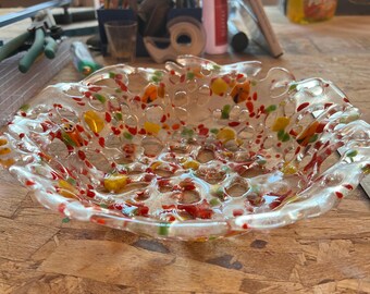Handmade Fused Glass Decorative Bowl, Clear Lace Art Bowl with Red Yellow Orange Floral Accents, One of a Kind Dish