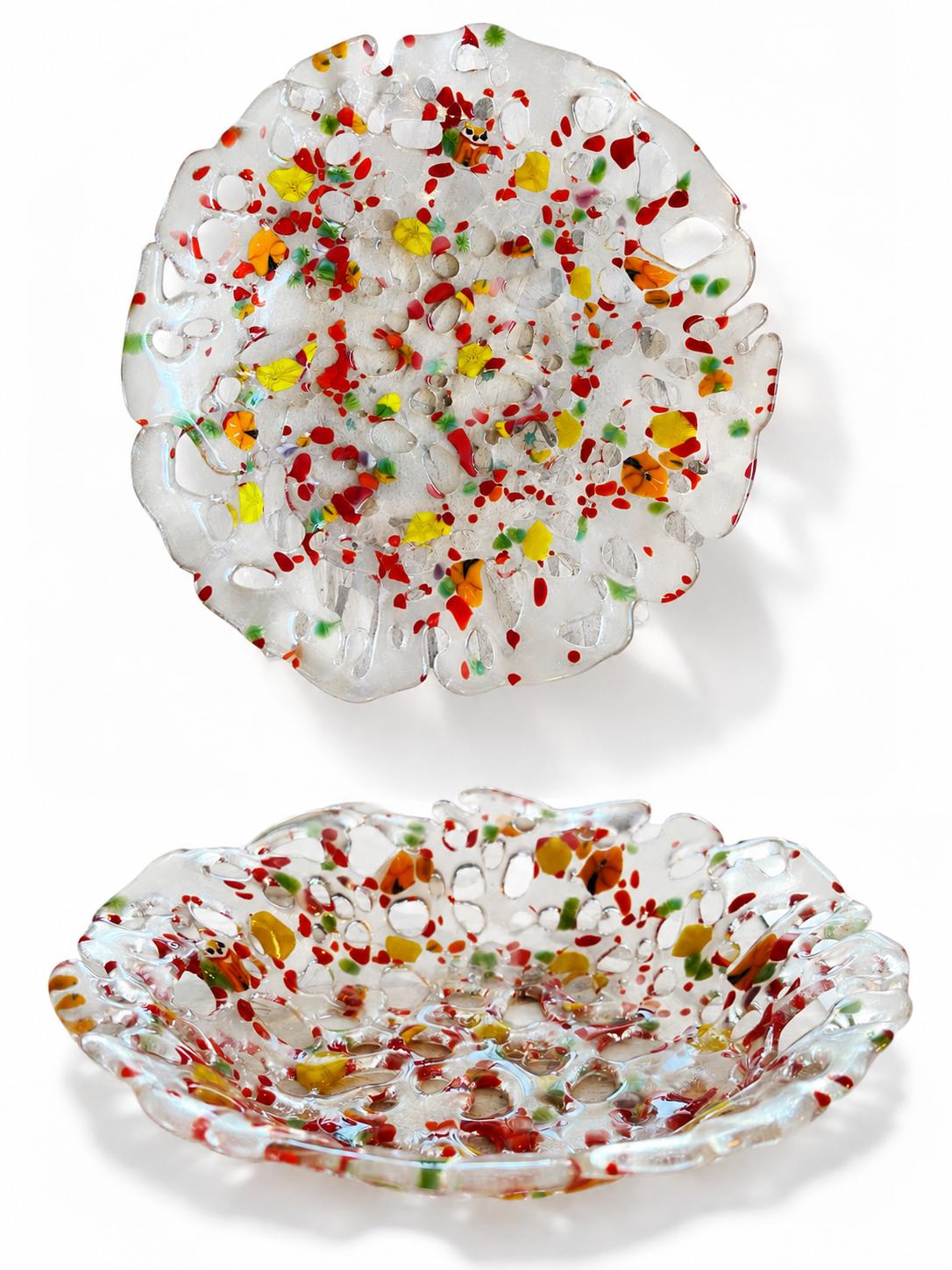 Handmade Fused Glass Bowl, Clear Confetti Openwork Art Dish, Red Yellow Green Accents