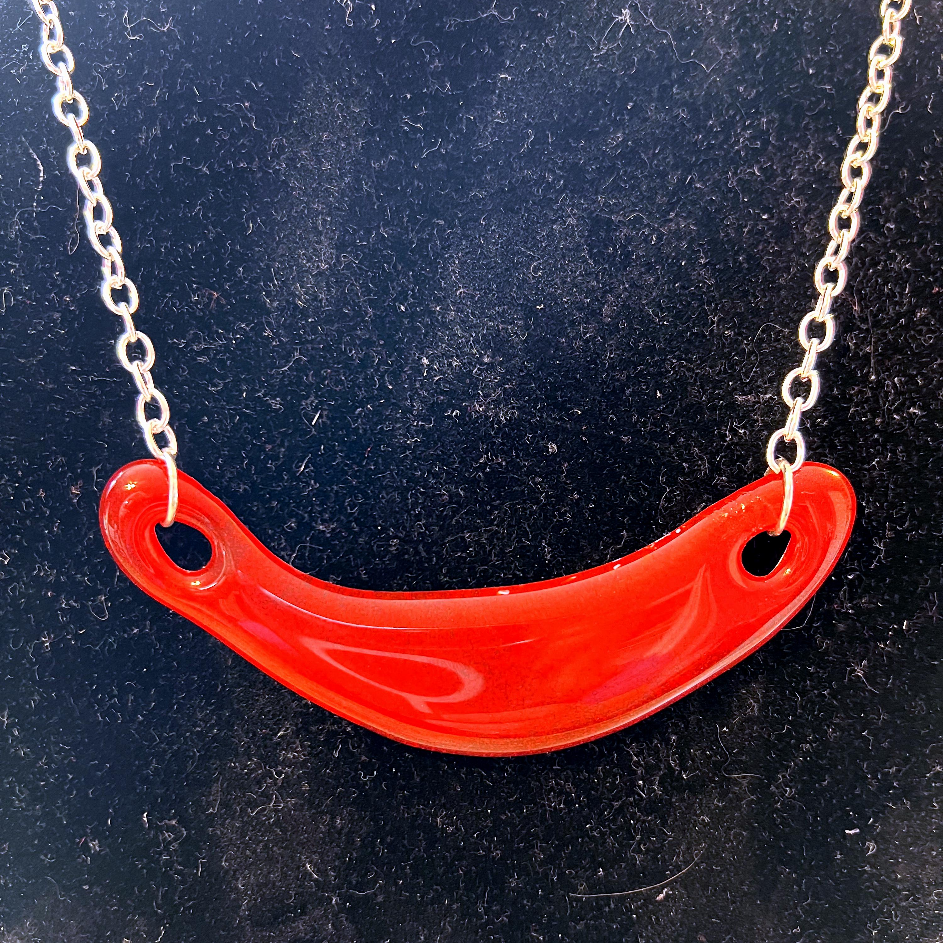 Red Fused Glass Swing Pendant Necklace, Whimsical Art Glass Jewelry, Silver Tone Chain