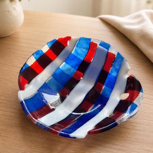 Red, White & Blue Striped Fused Glass Bowl, Handmade Art Glass Dish image 3