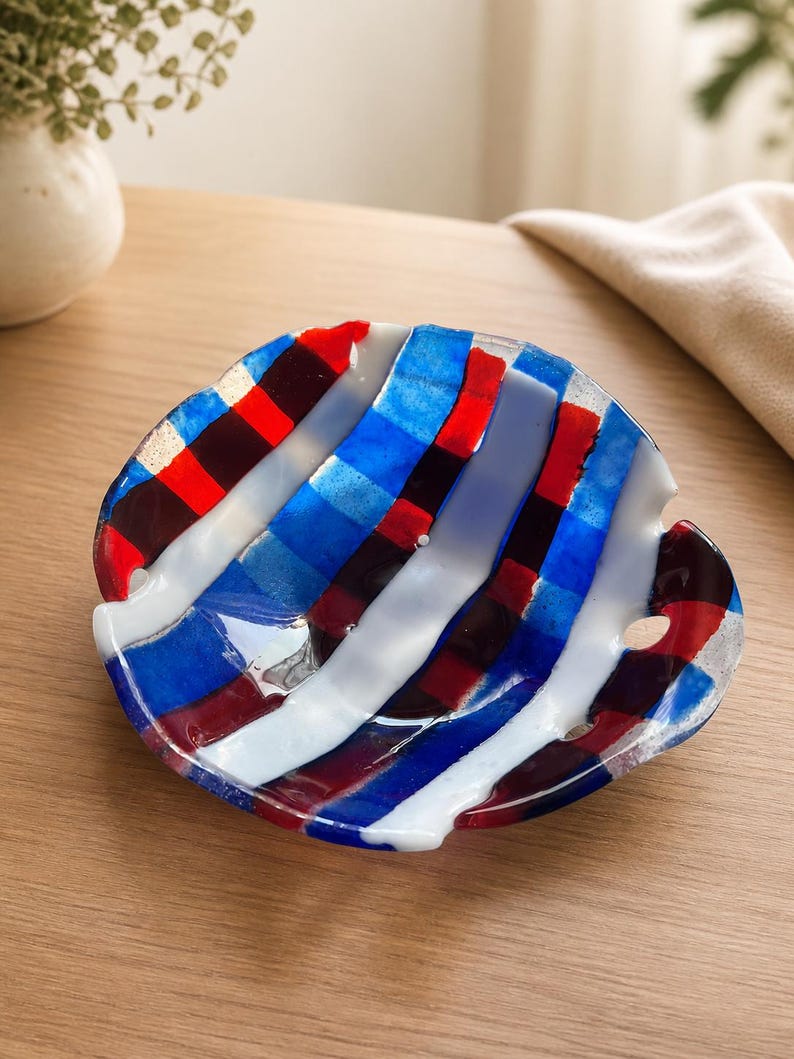 Red, White & Blue Striped Fused Glass Bowl, Handmade Art Glass Dish image 3