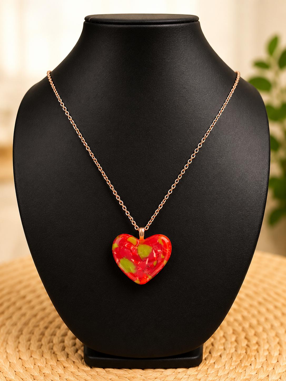 Handmade Glass Heart Pendant Necklace, Colorful Art Jewelry, Silver-Tone Chain