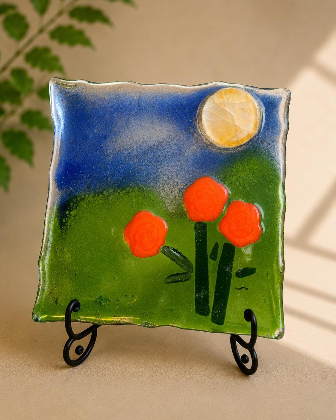 Poppy Moon Fused Glass Landscape Panel, Handmade Floral Art Glass, Orange Flower Wall Decor