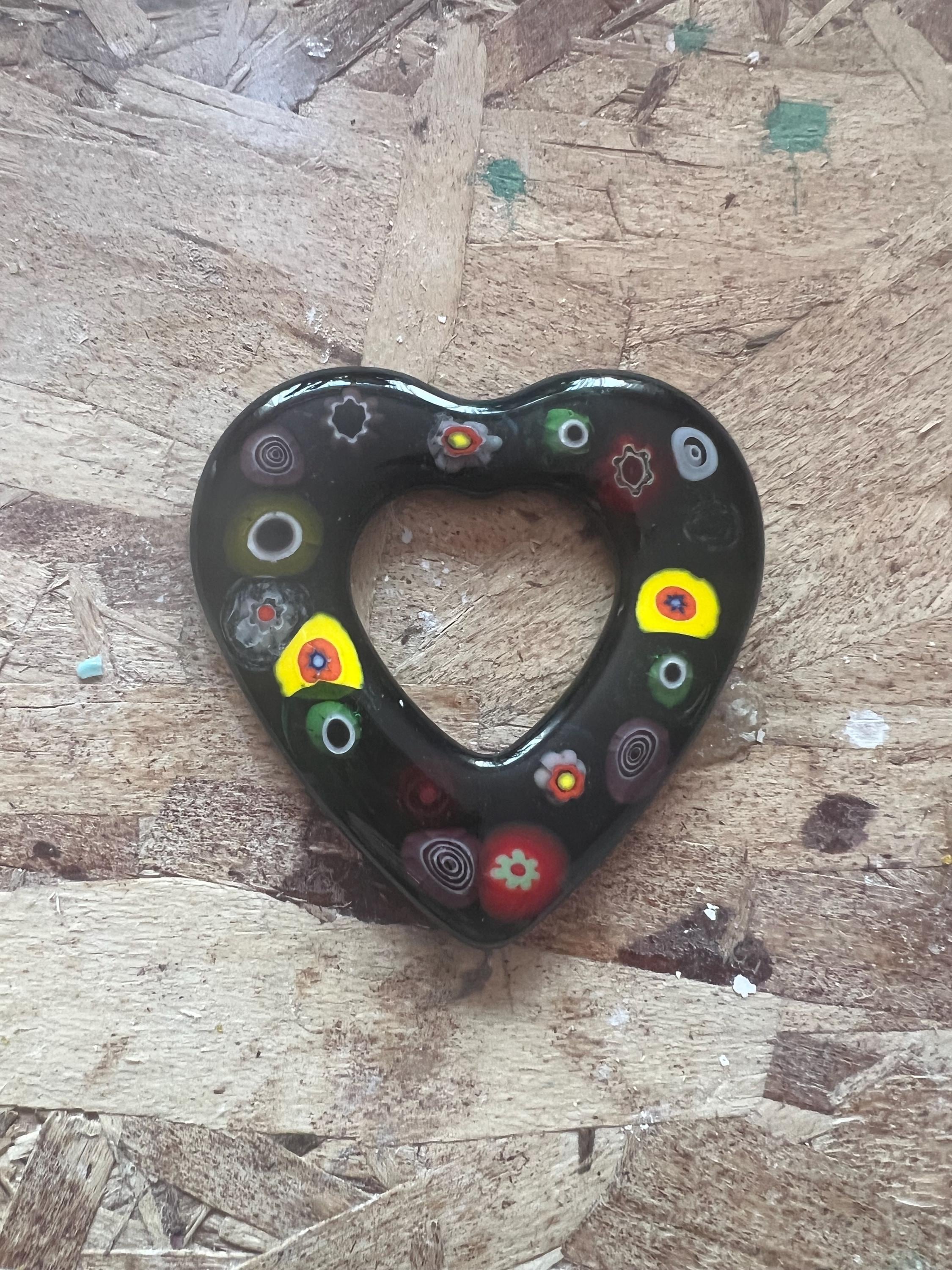 Black Fused Glass Heart with Colorful Floral Detail