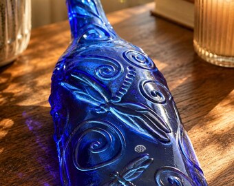 Cobalt Blue Dragonfly Butterfly Flattened Bottle Tray, Handmade Upcycled Glass Spoon Rest Decor