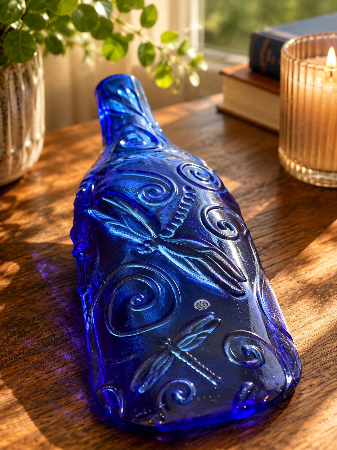 Cobalt Blue Dragonfly Butterfly Flattened Bottle Tray, Handmade Upcycled Glass Spoon Rest Decor