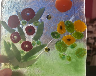 Fused Glass Garden Panel with Flowers and Ladybugs, Handmade Glass Art
