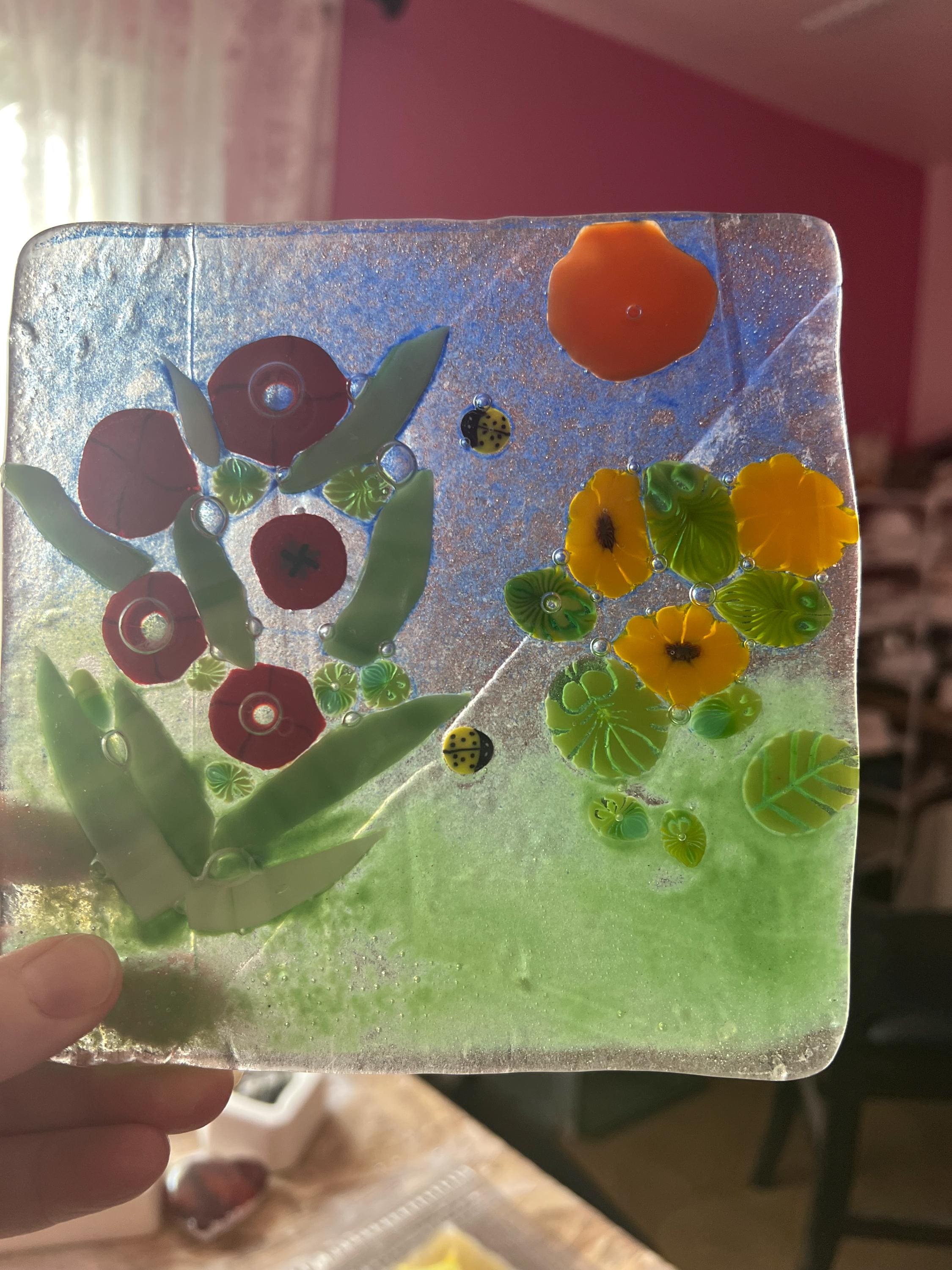 Fused Glass Garden Panel with Flowers and Ladybugs, Handmade Glass Art