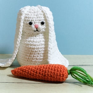 May include: A white crocheted bunny rabbit toy with long ears and black eyes. The bunny is holding a crocheted orange carrot with green leaves.
