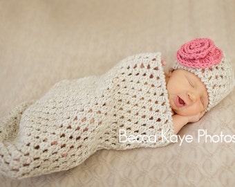 Crochet Pattern - Newborn Bunting Cocoon and Hat (with Optional Flower) - Great Photo Prop - Instant Download  PDF