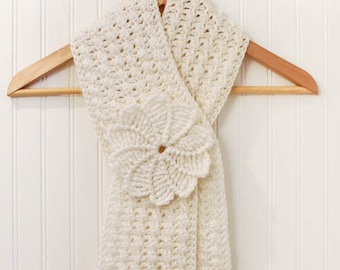 Crochet Pattern - Textured Keyhole Scarf with Spiral Flower - Instant Download PDF