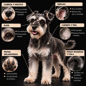 Op de afbeelding: Een educatieve infographic getiteld CONOCE EL CUERPO DE TU PERRO met een zwart-zilveren Schnauzer. Het bevat gelabelde diagrammen van de kop, snuit, oren, ogen, huid, voorpoten en achterpoten met Spaanstalige instructies voor de verzorging.