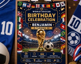 World Soccer Birthday Invitation, Editable Canva Template, Gold Stadium Digital Invite (Digital Download)