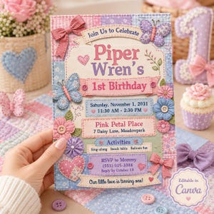 May include: A rectangular birthday invitation card featuring a patchwork quilt design in pastel pink, blue, and purple. The text reads: Join Us to Celebrate Piper Wren's 1st Birthday, Saturday, November 1, 2031, 11:30 AM - 2:30 PM, Pink Petal Place, 7 Daisy Lane, Meadowpark, Activities, Sing-along, Snack table, Balloon fun, RSVP to Mommy (555) 015-3384, Reply by October 18, Our little love is turning one!