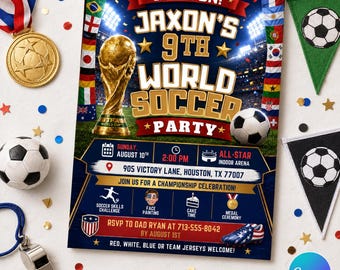 World Soccer Birthday Invitation, Editable Canva Sports Party Invite (Digital Download)