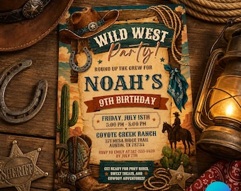 Wild West Cowboy Birthday Invitation, Boys Western Rodeo Party Invite (Digital Download)