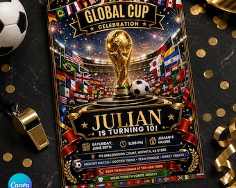 Global Cup Soccer Birthday Invitation, Editable Canva Template, Stadium Digital Invite (Digital Download)