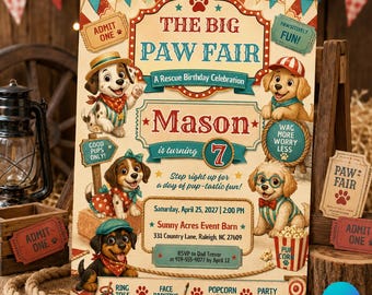 Big Paw Fair Birthday Invitation, Puppy Carnival Digital Invite (Canva Template)
