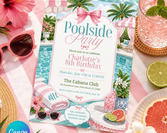 Poolside Birthday Invite, Girls Pool Party Template (Canva)