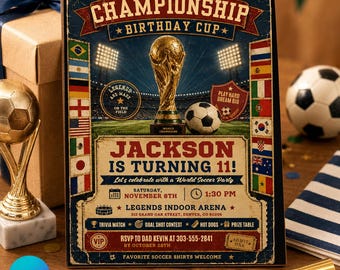 World Soccer Birthday Invitation, Retro Stadium Editable Canva Template (Digital Invite)