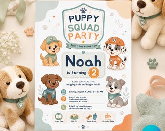 Puppy Squad Birthday Invitation, Pastel Dog Party Invite (Canva Template)