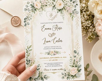 Editable Wedding Invitation Template, Floral Greenery Canva Template, Gold Eucalyptus Rose Invite, Instant Download