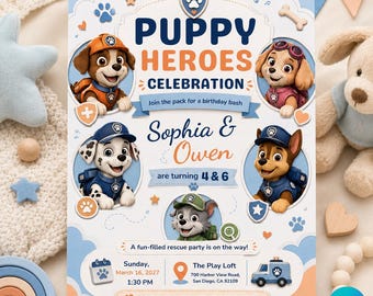 Puppy Heroes Birthday Invitation, Soft Pastel Dog Party Template (Digital Download)
