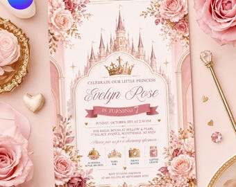 Editable Elegant Princess Birthday Invitation, Blush Pink Royal Party Invite, Castle Canva Template
