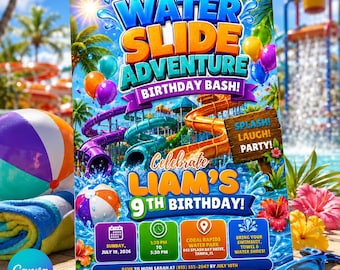Water Slide Adventure Birthday Invitation, Kids Water Park Party Invite (Canva Template)